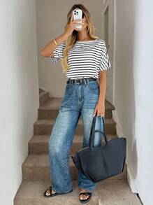 Easowa 女性時尚黑白條紋短袖連體衣 - 黑與白 - 查看 2