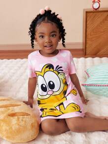 GARFIELD | SHEIN 少女可爱心形卡通图案粉色甜美童趣阻燃夏季短袖睡衣裙 - 彩色 - 查看 4