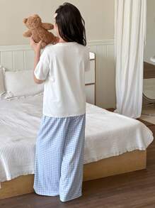 Dazy Kids Conjunto de 2 piezas de pantalón holgado a cuadros de manga corta y estampado de oso para niñas, pijama de verano para niñas preadolescentes - Blanco - Ver 6