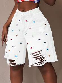 Slaydiva 女式夏季时尚水钻装饰做旧牛仔短裤