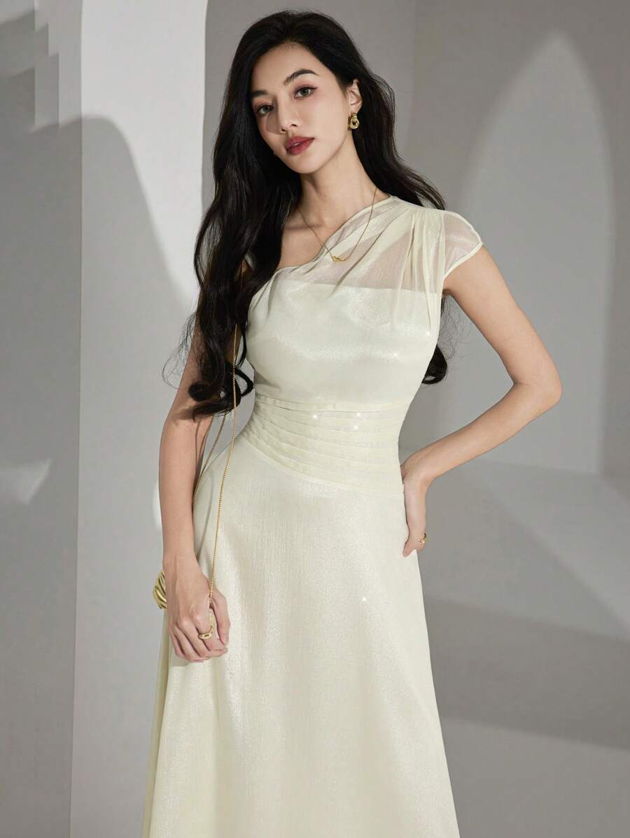 Heiryn Abito elegante midi da donna con colletto asimmetrico, in tessuto a rete bicolore