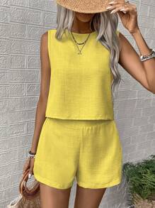EMERY ROSE 2pcs Simple Solid Color Women's Sleeveless Top & Shorts Set, Casual Daily Wear - Yellow - View 4