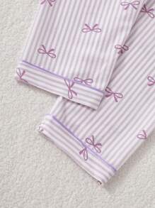 2pcs/Set Tween Girl Cute Bow & Striped Print Short Sleeve Shirt & Long Pants Casual Homewear Pajamas Set - Purple - View 8