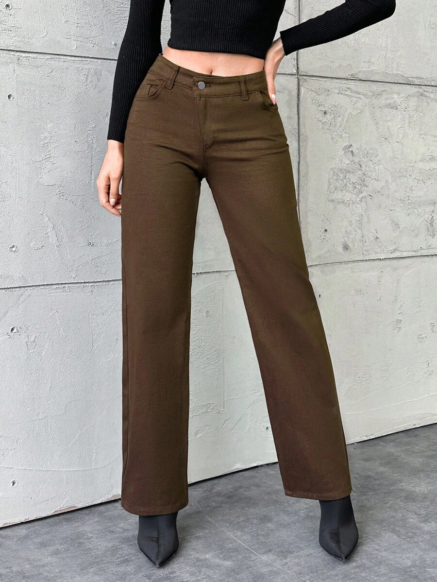 EURMUSE Women's Straight Leg Jeans - Brown - View 1