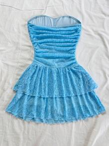 Soleia Damen romantisches Spitzen-Trägerkleid mit Rüschen, kurzes Kleid in Blau für Strand, Sommer und Urlaub