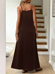 SHEIN LUNE 女式纯色针织氨纶面料撞色肩带休闲长裙，度假风格，春夏 - 棕色 - 查看 2