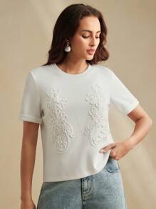 Anewsta New Fashionable High Quality Casual Minimalist Embroidered Design Women Summer T-Shirt - White - View 3