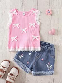 SHEIN 2pcs Young Girl Casual Set: Round Neck Lace Trim Sleeve Top And Denim Shorts - Pink - View 2