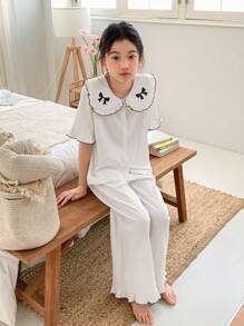 DAZY Tween Girl Doll Face Short Sleeve Top + Pants Home Outfit, Fall, Back To School Clothes - White - View 6