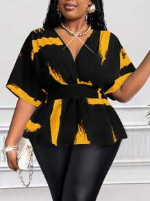 Maweii 大码女式休闲黑白印花褶皱落肩袖褶皱后背衬衫，春夏百搭设计 - 彩色 - 查看 1