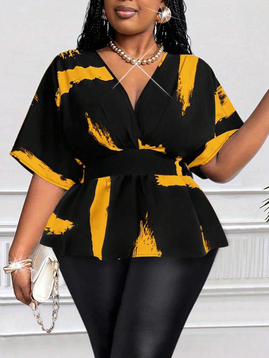 Maweii 大码女式休闲黑白印花褶皱落肩袖褶皱后背衬衫，春夏百搭设计 - 彩色 - 查看 1