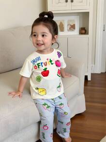Baby Girls' Fruit Pattern T-Shirt & Plaid Fruit Print Pants 2pcs Outfit - Multicolor - View 7