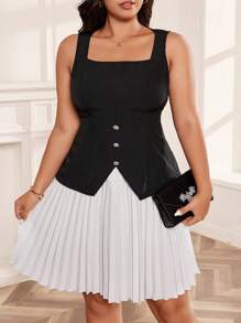 Bellastra Square Neck Simple Sleeveless Pleated Patchwork Dress - Black and White - View 3