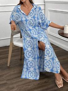 SHEIN Cottnline 全印花前扣连衣裙，度假休闲 - 藍色 - 查看 7