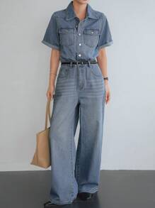 Dazy-Less Bộ đồ liền thân denim công sở rộng rãi, thoải mái, giặt sạch, có túi lớn, phù hợp cho mùa xuân, hè, thu, quần áo trở lại trường - Rửa trung bình - Xem 2