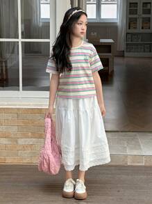 Dazy Kids Conjunto de 2 piezas para niña preadolescente con camiseta de punto de manga corta de cuello redondo a rayas + falda, ropa de verano y para volver al colegio - Blanco - Ver 4