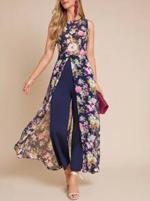 Amorya 女式优雅花卉印花拼接高开衩无袖连体裤，夏季 - 彩色 - 查看 4