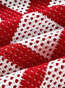 Maija Women's Red And White Color Block Square Pattern Summer Casual Beach Dress,Loose Front Tie Knot V-Neck Batwing Sleeve Boho Vacation Holiday Autumn - Red and White - View 9