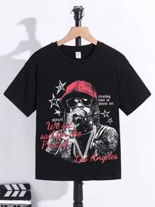 SHEIN 1pc Tween Boy Casual Hip Hop Character & Slogan Oversized Short Sleeve Black T-Shirt, Summer - Black - View 3