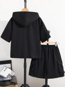 2pcs Tween Boys Casual Daily Comfortable Solid Color Hooded Pocket Loose Short Sleeve Half Zip T-Shirt And Shorts Knit Tracksuit Set - Black - View 3