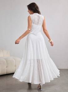 Modelyn 女式长款针织钩编无袖优雅喇叭袖修身 A 字连衣裙 - 白色 - 查看 2