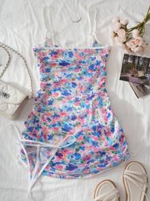 SHEIN Set de 2 piezas camisón con volantes y cordón de estilo campestre y tanga