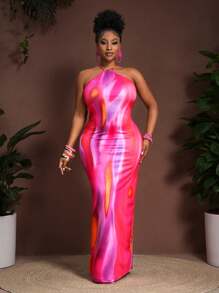 Slaydiva 新款露背系带高开衩连衣裙，抽象渐变几何印花，百搭休闲，适合春夏海滩度假及日常穿着 - 橙色，女士太阳裙 - 彩色 - 查看 5