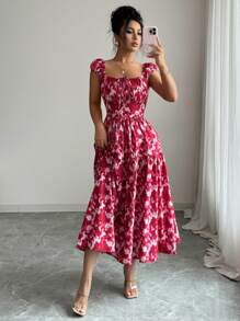 Elenzga Robe maxi bohème d'été pour femmes, blanche à fleurs, élégante, encolure carrée, taille froncée et cintrée, nœud devant, manches bouffantes, jupe à volants, pour vacances et tea party - Multicolore - Voir 4