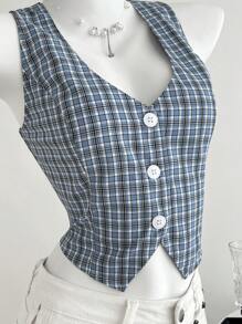 Elamini 女式夏季格纹单排扣短背心