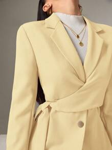 Heiryn Áo khoác blazer nữ tay dài ve áo màu trơn thắt nút bên hông, trở lại trường vào mùa thu/đông - Màu vàng - Xem 5