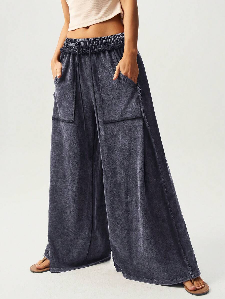 Bohemela Casual Knitted Snow-Washed Solid Color Patchwork Loose Wide-Leg Washed Women's Pants Wide Leg Pants Palazzo Pants Flowy Pants Oversized Pants Loose Pants - Grey - View 1