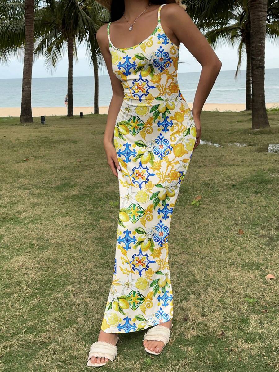 SHEIN EZwear Casual Lemon & Floral Allover Print Fitted Camisole Maxi Dress, Suitable For Summer, Beach, Seaside,Boho Clothes Women Suitable For Going Out Chic Dress - Multicolor - View 1