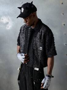 NEON BLANC Camisa de manga corta negra de estilo callejero tejida con parches, adecuada para el verano