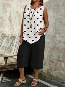 EMERY ROSE 2pcs/Set Women Plus Size Casual Polka Dot Pattern Round Neck Camisole And 3/4 Pants, Summer,Two Piece Set Women - Multicolor - View 6