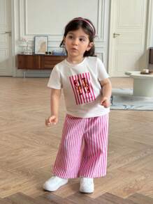 SHEIN 婴幼儿印花针织T恤和条纹梭织裤，母婴套装（2套单独出售）