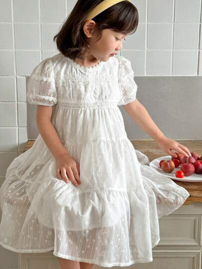 SHEIN Little Byeori 女童韩版和日系公主荷叶边泡泡袖连衣裙