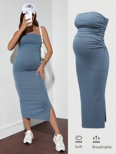 SHEIN Pregnant Women's Sexy Bodycon Denim Dress With Strapless Design, Blue