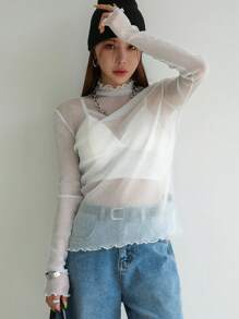 DAZY Top transparente con cuello de tortuga, recorte de lechuga y sin sujetador