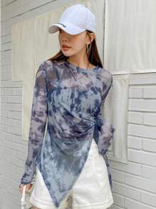 DAZY 扎染褶饰开衩下摆上衣，秋季长袖女式上衣