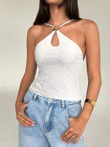 Aloruh Áo nữ gợi cảm với dây đeo chéo, khóa kim loại trang trí, in họa tiết nhung, màu đen. - trắng - Xem 4