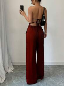 INAWLY 女士性感纯色系带露背短款上衣和长裤两件套，夏季 - 酒紅色 - 查看 2