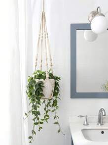 1 pieza Cesta colgante decorada con cuentas - Macramé de estilo bohemio para colgar plantas, canasta de pared hecha a mano con cuentas, organizador de almacenamiento decorativo para hogar, cocina, baño, oficina, estilo costero, decoración colgante minimalista, jardín, decoración del hogar