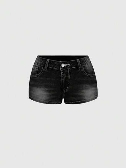 ROMWE J-Fashion Spring/Summer Y2K Butterfly Embroidered Studded Distressed Vintage Super Low Waist Super Short Denim Shorts For Women