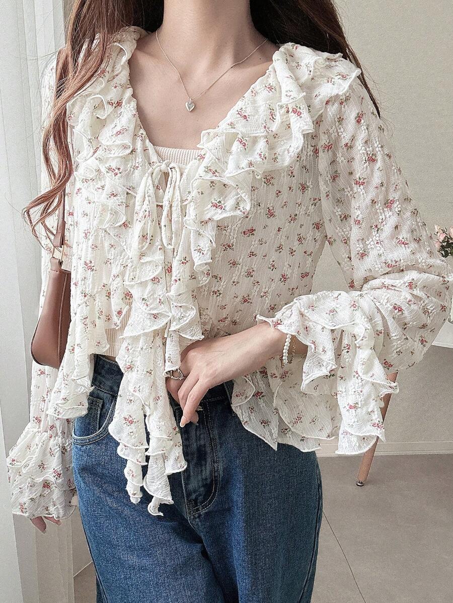 FRIFUL 女士系带荷叶边碎花修身衬衫，百搭沙滩装派对长袖上衣，度假必备 - 米色 - 查看 1