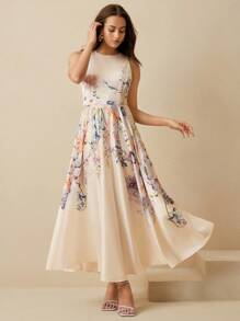 Anewsta 优雅花卉印花无袖连衣裙，夏季 - 杏色 - 查看 5