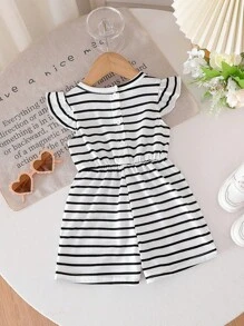 SHEIN Playful Pals Baby Girl Casual Striped Romper, Spring/Summer - Black and White - View 2