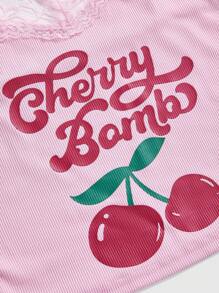 ROMWE Kawaii 2 件樱桃印花蕾丝吊带背心和荷叶边超短裤套装，适合年轻女性的休闲风格