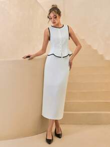 CLARA VERO Conjunto de dos piezas de mezcla de lino para resorts, con detalles de ribete contrastante, blusa sin mangas con botones delanteros y falda larga, estilo lujoso de vacaciones, con acento de ribete negro, diseño de cintura ajustada