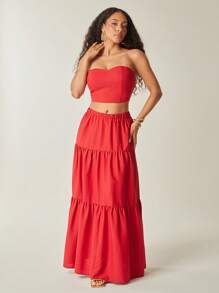 Vixey 纯色梭织弹性腰带分层长裙 - 紅色 - 查看 4