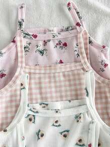 SHEIN Vintaside Kids 4 件套婴儿/女婴碎花休闲上衣，乡村度假风格，舒适百搭时尚，春夏 - 彩色 - 查看 4